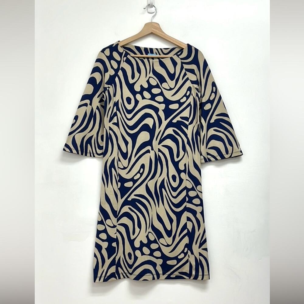 J. McLaughlin Campbell Boat Neck 3/4 Bell Sleeve  Preppy Retro Print Dress XS